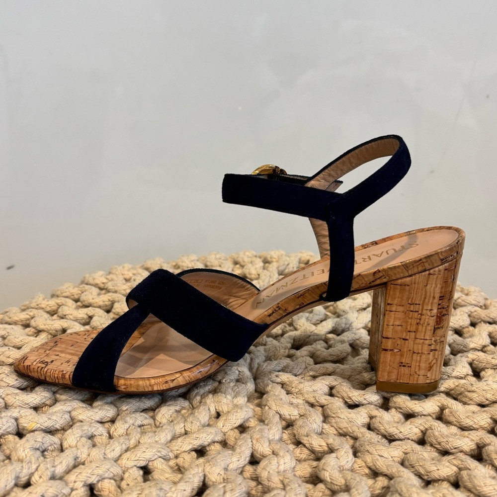 Stuart Weitzman Navy Suede Cork Block Heel Sandals - Picture 5 of 7